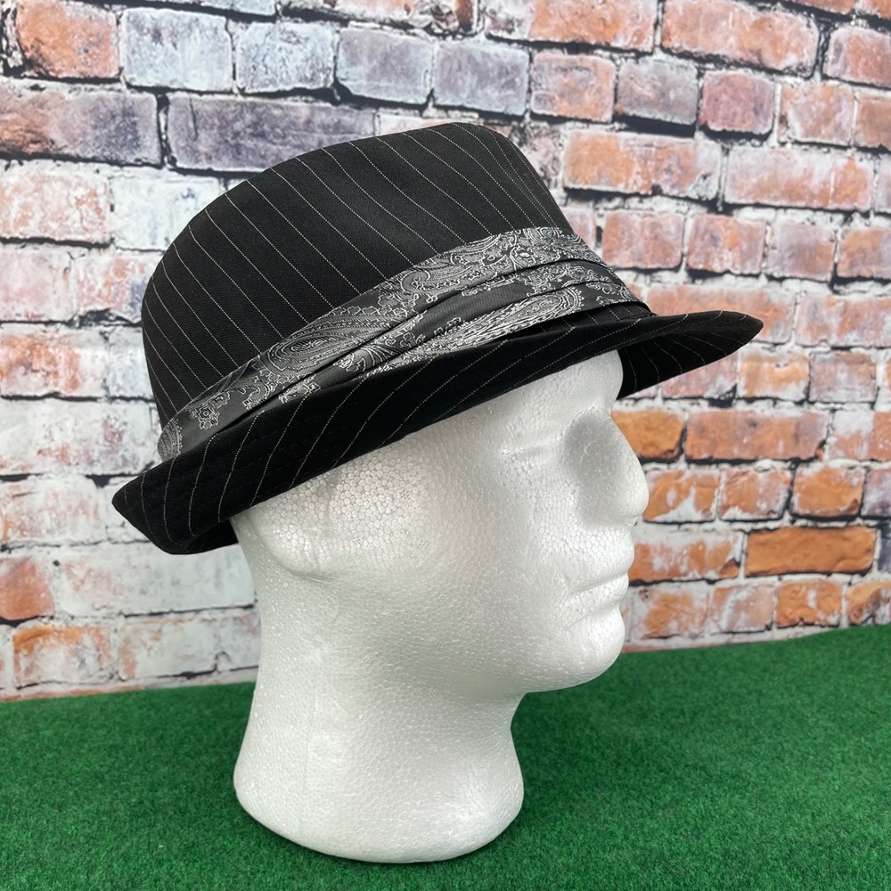 Unbranded Pinstripe Fedora Hat Mens Large Black Paisley Band Stingy Brim RN31905